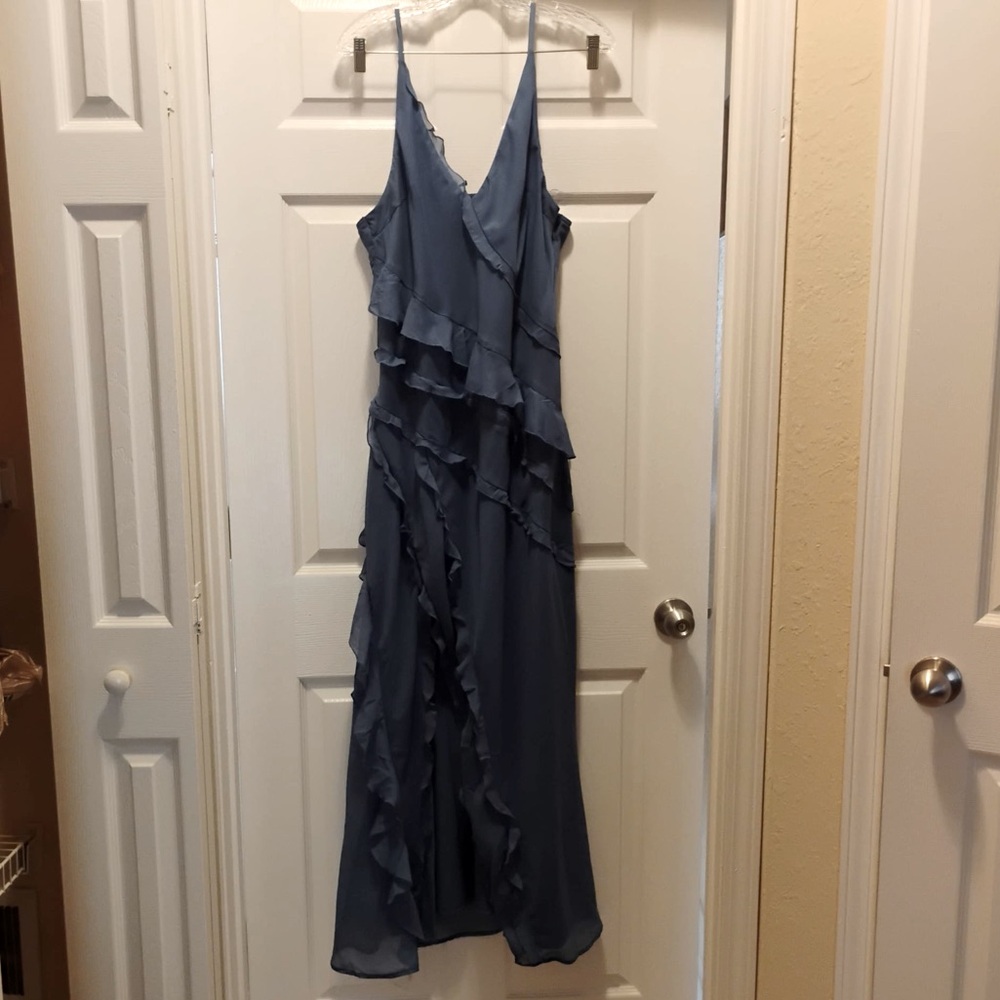 NWT Abercrombie and Fitch Ruffle Maxi Dress With Side Slit in Blue Size XL